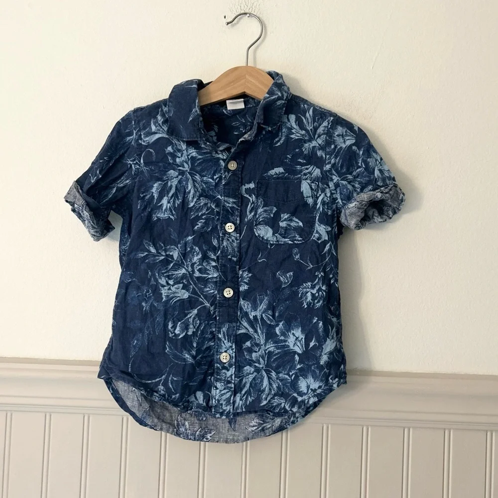 GAP Boys 3T Linen Cotton Blue Floral Short-Sleeve Button-Down Shirt